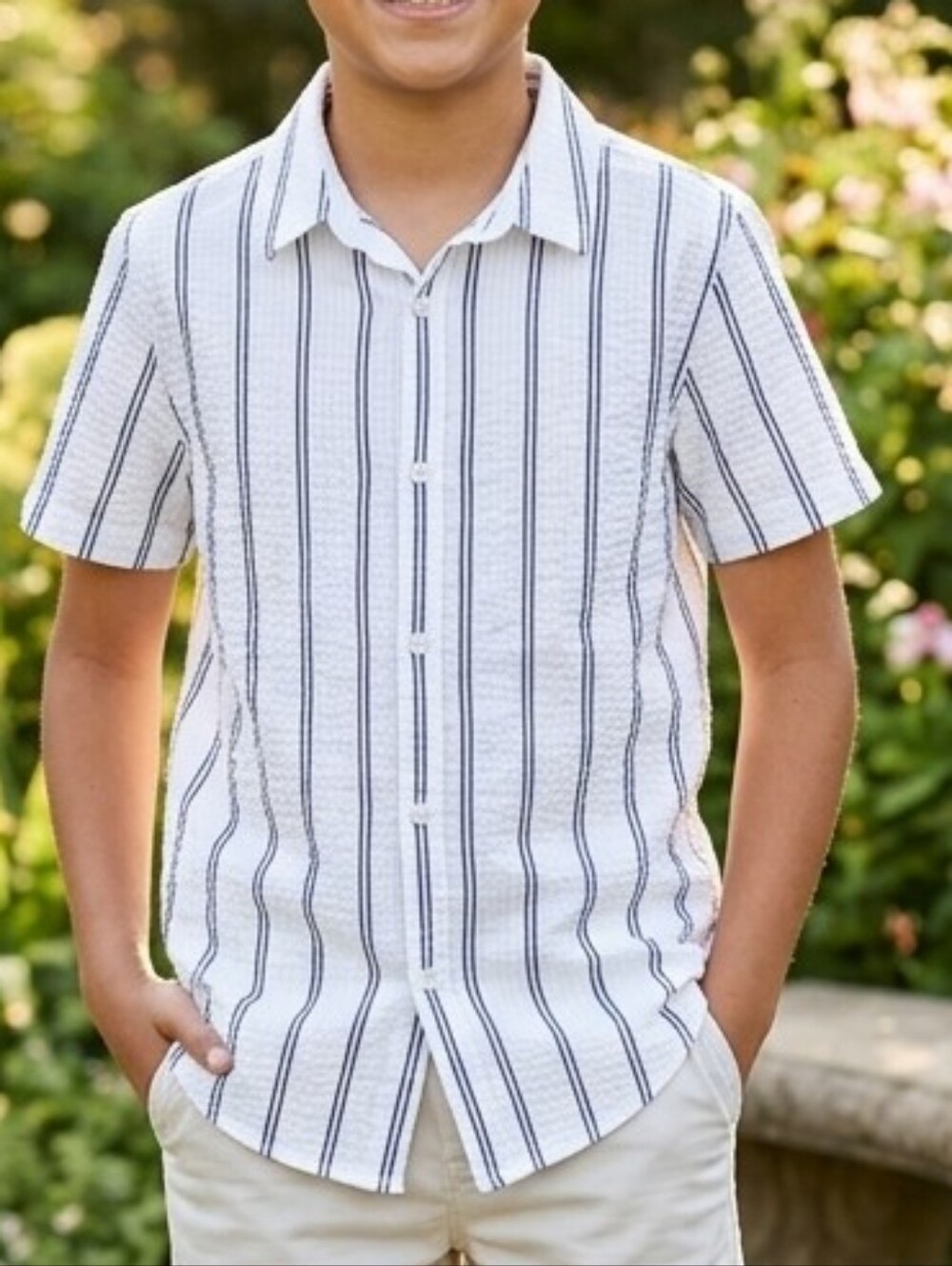 Cactus Boys White & Navy Striped Seersucker Button-Down SZ-11/12